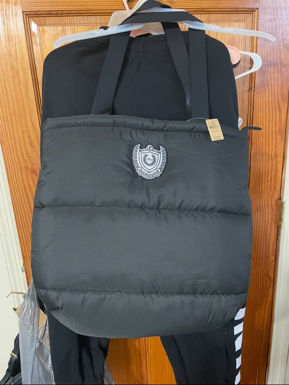 PINK Victoria's Secret Black Quilted Puffer Tote with Crest
